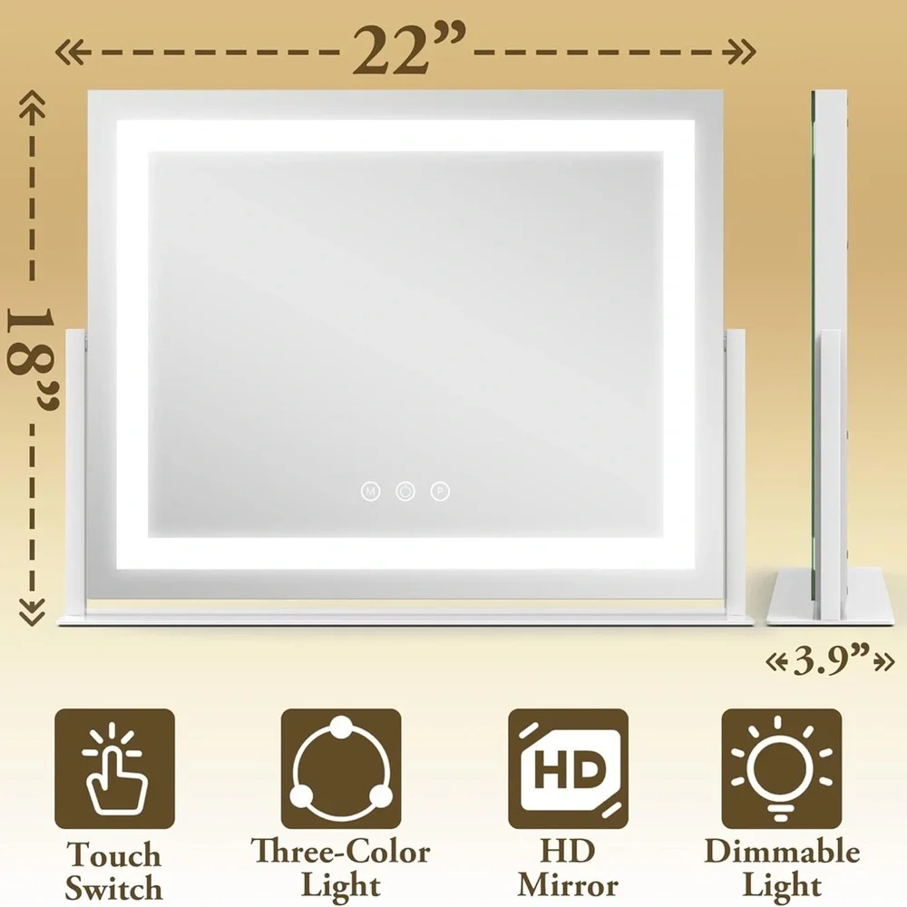 FENNIO LED‎ Vanity Mirror 22x18 White Dimmable 3 Light Modes Makeup New
